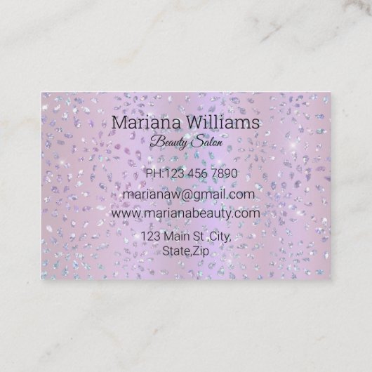 紫のグリッターメイクアップと髪3枚の写真コラージュ 名刺 (裏面)