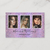 紫のグリッターメイクアップと髪3枚の写真コラージュ 名刺 (正面)