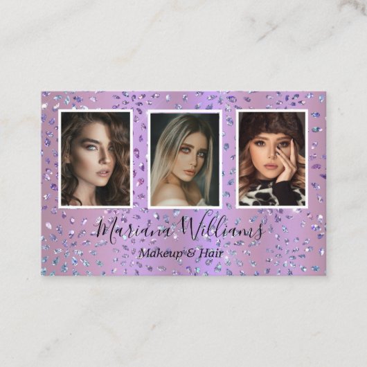 紫のグリッターメイクアップと髪3枚の写真コラージュ 名刺 (正面)