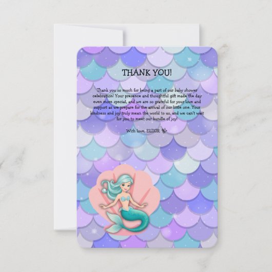 紫のグリッター人魚の海の赤ちゃんシャワーの下 サンキューカード (正面)