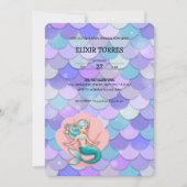 紫のグリッター人魚の海の赤ちゃんシャワーの下 招待状 (正面)