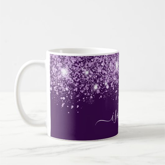 紫のグリッター名スクリプト コーヒーマグカップ (左)