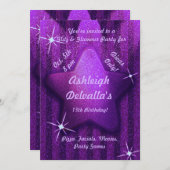 紫のグリッター様バースデーパーティ招待状 招待状 (正面/裏面)