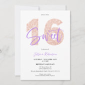 紫のグリッター甘い16スクリプトの誕生日 招待状 (正面)