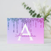 紫のグリッター甘い16日付を保存 招待状 (スタンド正面)