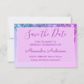 紫のグリッター甘い16日付を保存 招待状 (裏面)