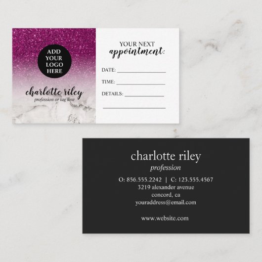 紫のグリッター白い大理石の筆記体あなたのロゴを追加 名刺 (正面/裏面)
