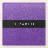 紫のグリッター、グリッターの背景、名前 ガラスコースター (正面)