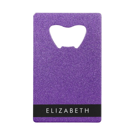 紫のグリッター、グリッターの背景、名前 クレジットカード栓抜き (正面)