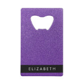 紫のグリッター、グリッターの背景、名前 クレジットカード栓抜き (裏面)