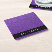 紫のグリッター、グリッターの背景、名前 スクエアペーパーコースター (アングル)