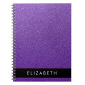 紫のグリッター、グリッターの背景、名前 ノートブック (正面)