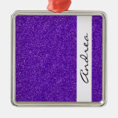 紫のグリッター、グリッターの背景、名前 メタルオーナメント (正面)