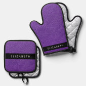 紫のグリッター、グリッターの背景、名前 鍋つかみ&鍋敷きセット (正面/裏面)