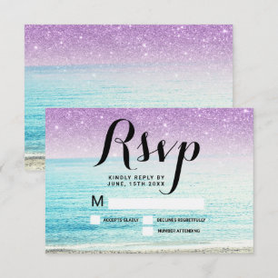紫のグリッター ビーチ フォト RSVP ウェディング 招待状