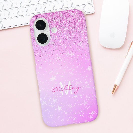 紫のグリッター、ホワイトスタースクリプト名&モノグラム Case-Mate iPhoneケース