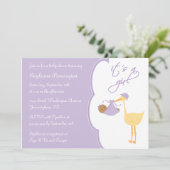 紫のコウノトリのベビーシャワーのお招きです 招待状 (スタンド正面)