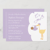 紫のコウノトリのベビーシャワーのお招きです 招待状 (正面/裏面)