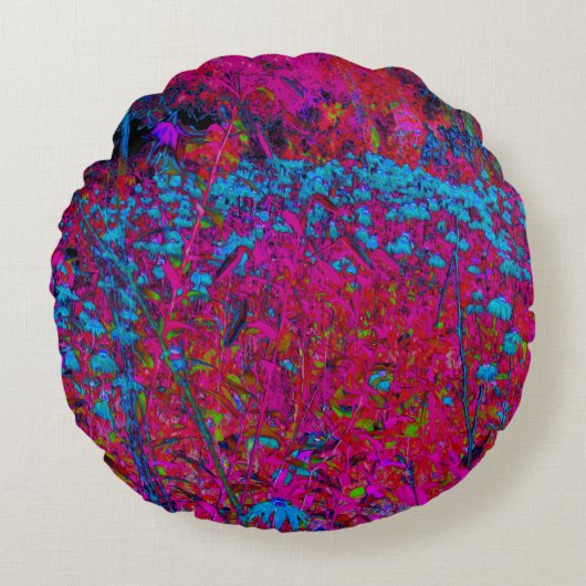 紫のサイケデリックリリーフラワーマゼンタガーデン ラウンドクッション (正面)