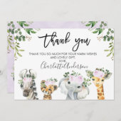 紫のサファリ動物のベビーシャワーサンキューカード 招待状 (正面/裏面)