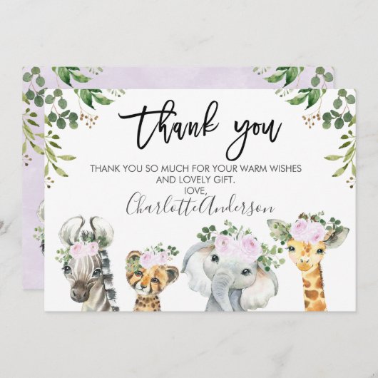 紫のサファリ動物のベビーシャワーサンキューカード 招待状 (正面/裏面)