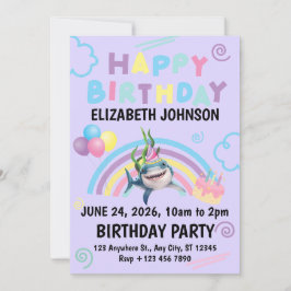 紫のサメの誕生日パーティー招待状 招待状