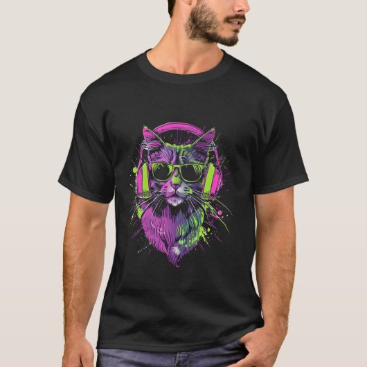 紫のサングラスとヘッドホンのDJ猫ちゃん Tシャツ (正面)