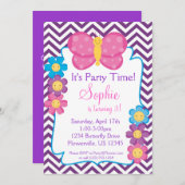 紫のシェブロンとピンクの蝶の誕生日パーティー 招待状 (正面/裏面)