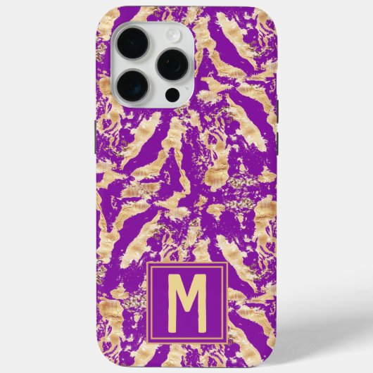 紫のシックな大理石にゴールドのモノグラム Case-Mate iPhoneケース (裏面)