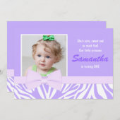 紫のシマウマ柄の女の子の誕生日パーティーの写真 招待状 (正面/裏面)