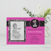 紫のシマウマ柄の女の子の1歳の誕生日招待状 招待状 (スタンド正面)