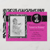 紫のシマウマ柄の女の子の1歳の誕生日招待状 招待状 (正面/裏面)