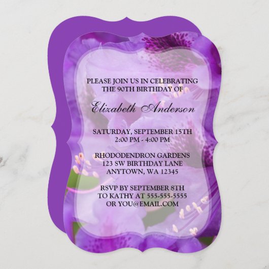 紫のシャクナゲの花々90歳の誕生日パーティー 招待状 (正面/裏面)