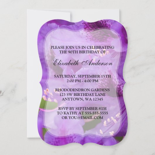紫のシャクナゲの花々90歳の誕生日パーティー 招待状 (正面)