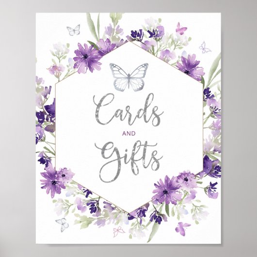 紫のシルバーフレーム蝶のカードとギフト ポスター (正面)