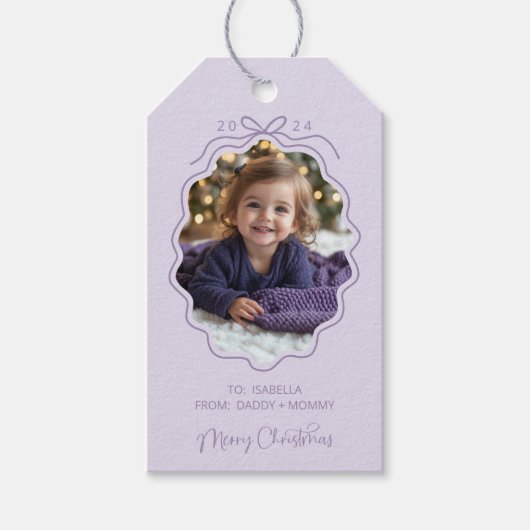 紫のシンプルバウ写真クリスマス ギフトタグ (正面)