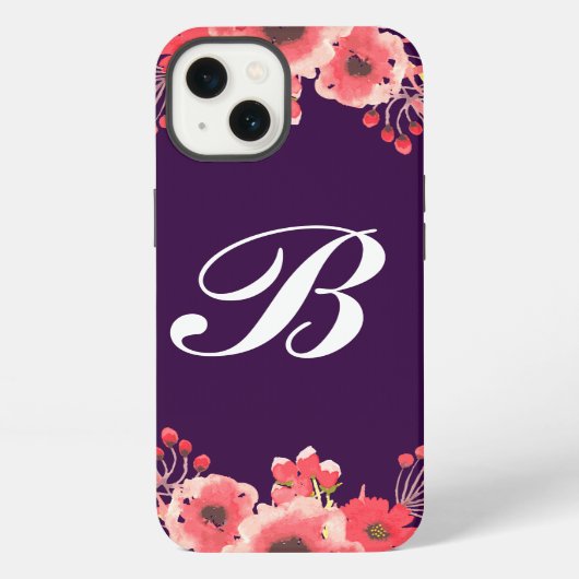 紫のジュエルトーンの水彩花のモノグラム iPhoneケース (裏面)