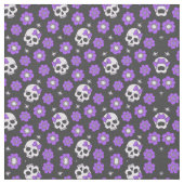 紫のスカルと花 ファブリック (クローズアップ)
