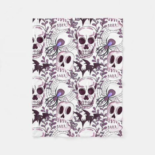 紫のスカル、こうもり、クモ フリースブランケット (正面)