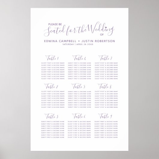 紫のスクリプトハートアートのテーブ結婚ルプランをミュート ポスター (正面)