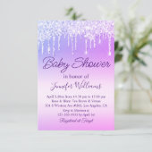 紫のスクリプト滴下グリッター女の子の赤ちゃんシャワー 招待状 (スタンド正面)