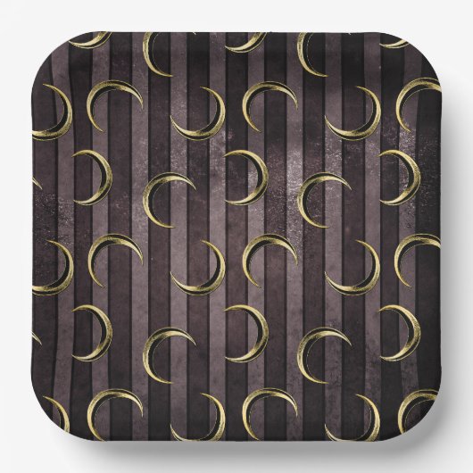 紫のストライプの金ゴールドムーン模様ゴシックヴィンテージ ペーパープレート (正面)