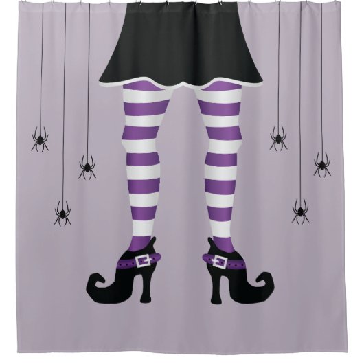 紫のストライプの魔女の脚とクモのハロウィーン シャワーカーテン (正面)