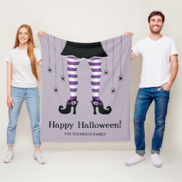 紫のストライプの魔女の脚とハロウィンの蜘蛛 フリースブランケット