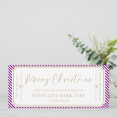 紫のストライプクリスマスギフト券カード 招待状 (スタンド正面)