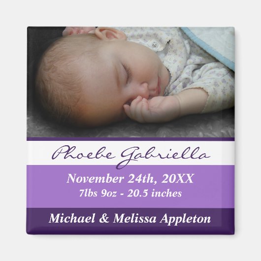 紫のストライプ写真誕生発表磁石 マグネット (正面)