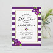 紫のストライプ紫色の紫色のパンジーフローラ赤ちゃんシャワー 招待状 (スタンド正面)