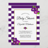 紫のストライプ紫色の紫色のパンジーフローラ赤ちゃんシャワー 招待状 (正面/裏面)