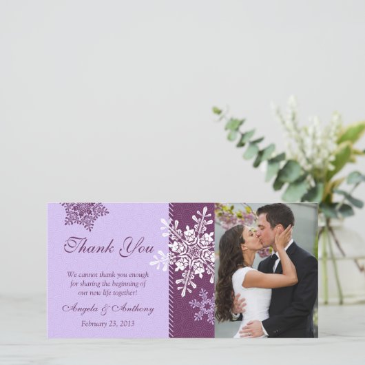 紫のスノーフレーク冬の結婚式ありがとう サンキューカード (スタンド正面)