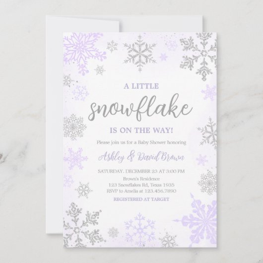 紫のスノーフレーク赤ちゃんシャワー 招待状 (正面)